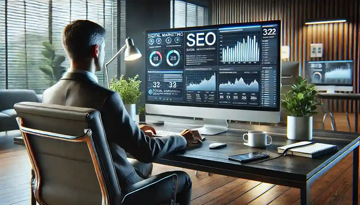 Profissional monitorando métricas de marketing digital em um computador