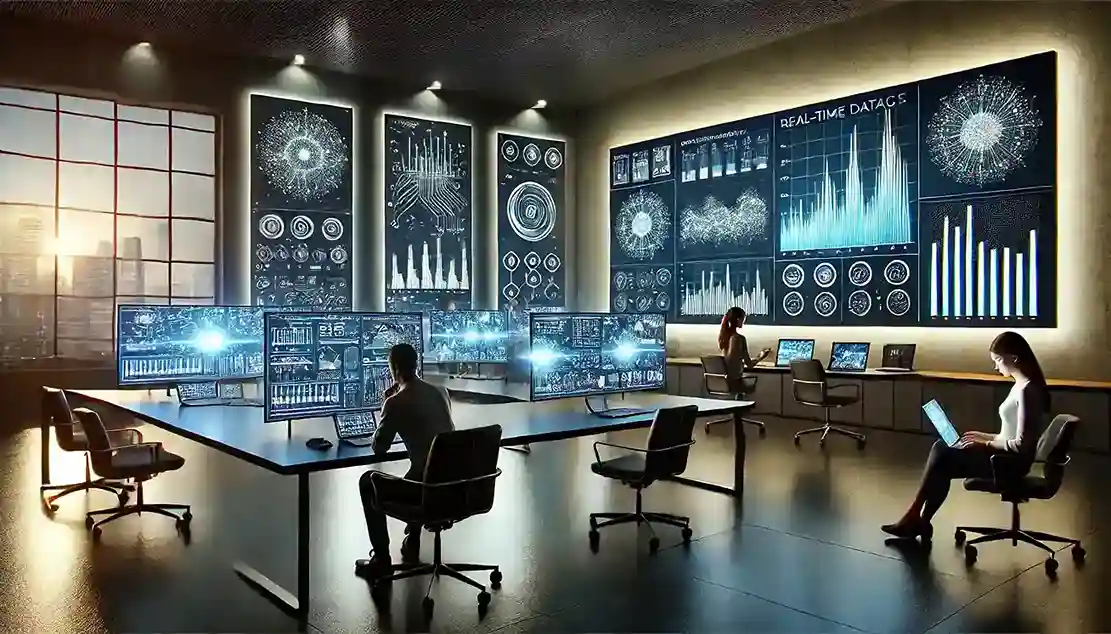 Conceito de marketing digital com dispositivos conectados e gráficos de análise de dados.